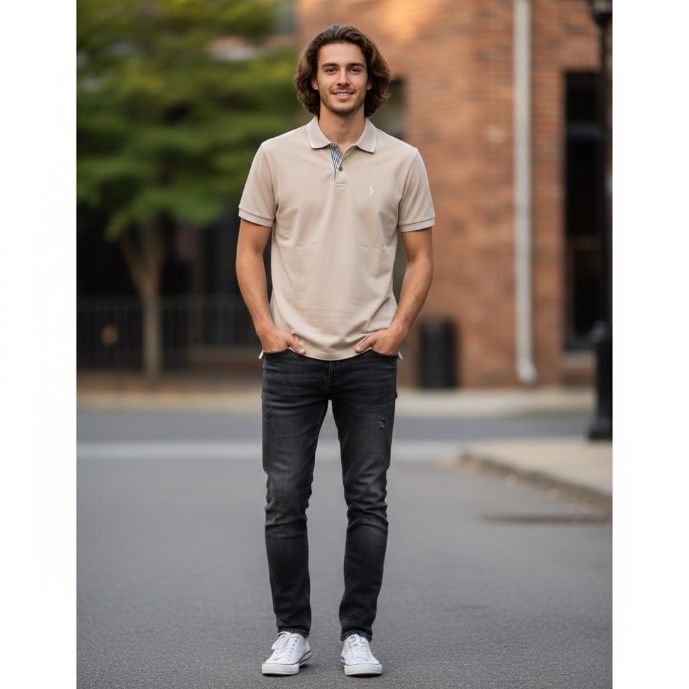 Scott James Men’s Polo Shirt L Tan Beige Short Sleeve Embroidered Logo